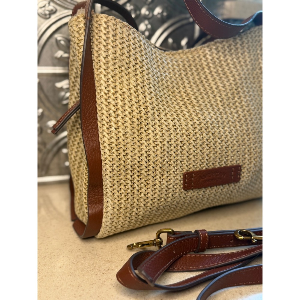 American Leather Co Bag Tan Woven Straw Leather Trim Satchel Crossbody Handbag - Picture 2 of 11